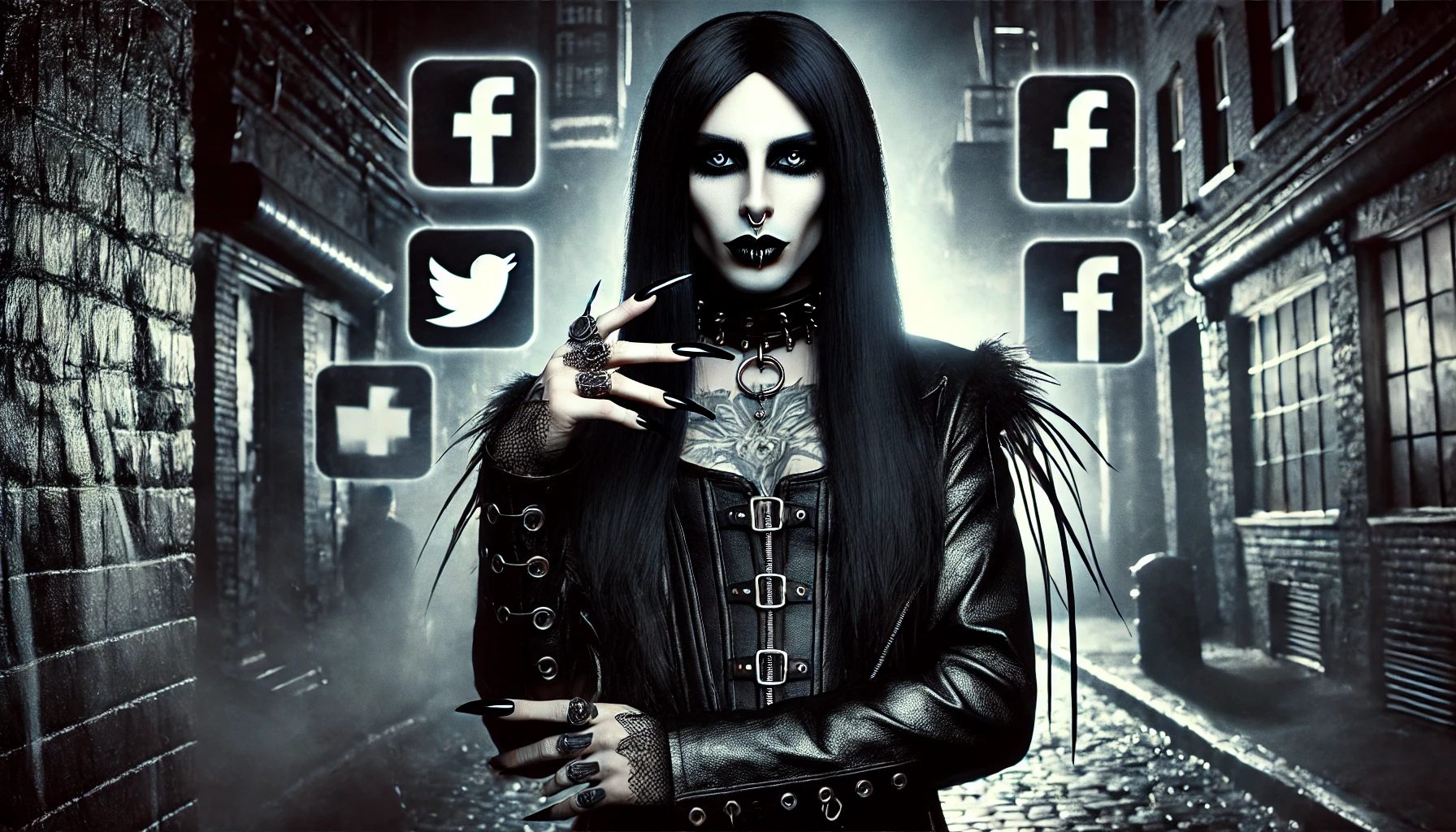 A striking image of Xavi with long black hair, smokey eye makeup, long black nails, dressed in a black leather outfit. The background features a dark gothic alley with glowing social media icons.