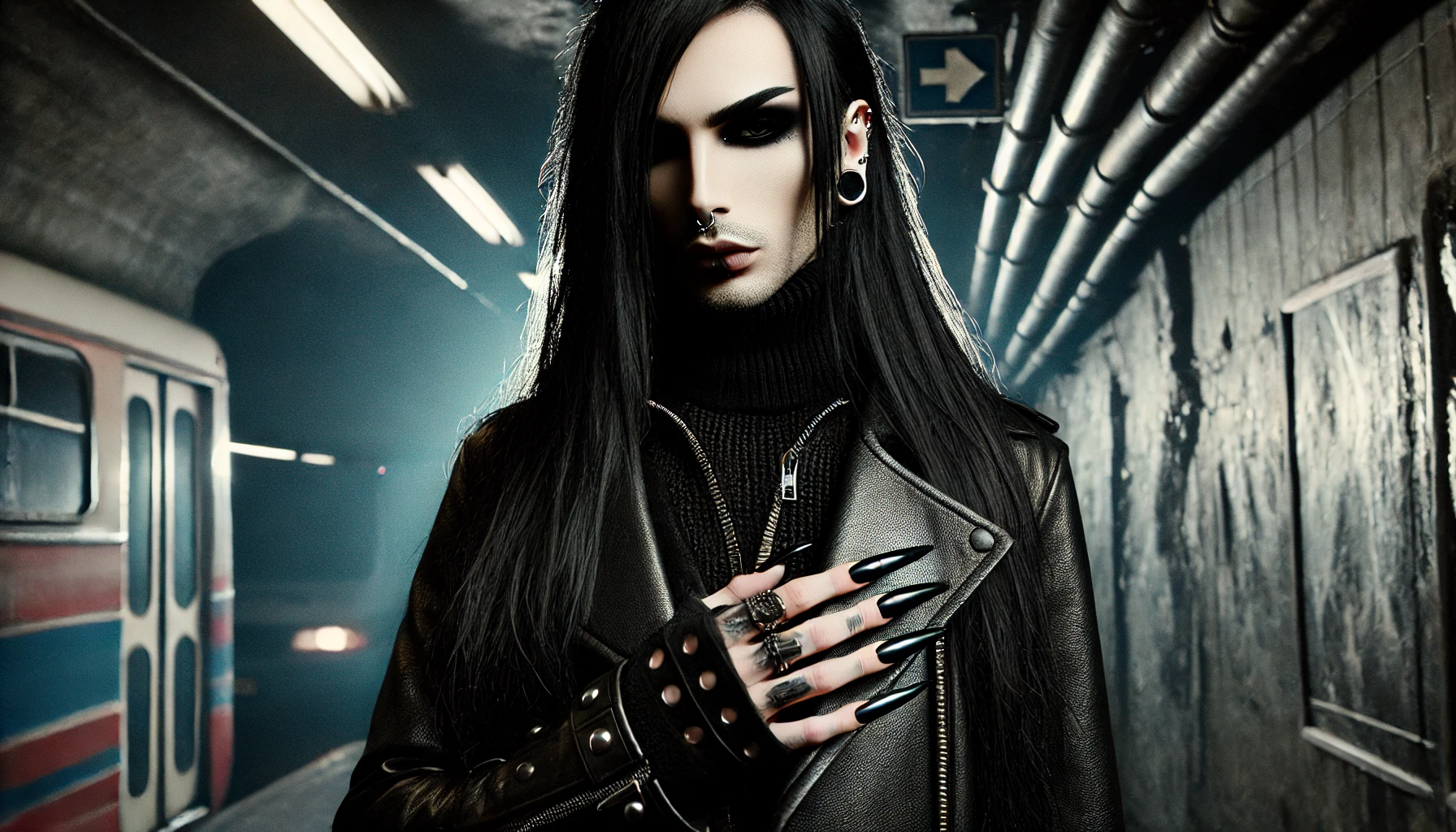 A sleek, gothic image with long black hair and smokey eye makeup, dressed in a black leather outfit, standing in a moody urban subway environment.