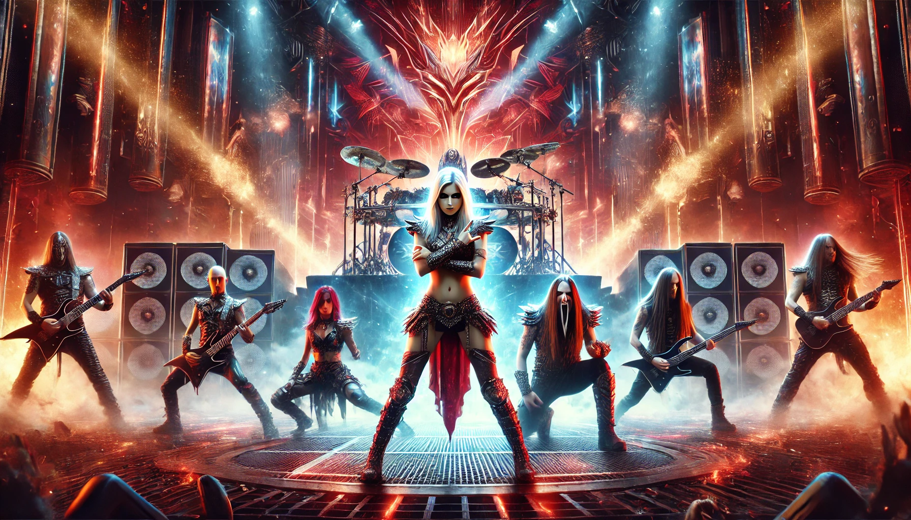 High-energy concert image of Battle Beast on stage, featuring lead singer Noora Louhimo in a warrior-like pose, surrounded by band members playing their instruments, with fiery red and blue lighting effects and a futuristic metallic background.