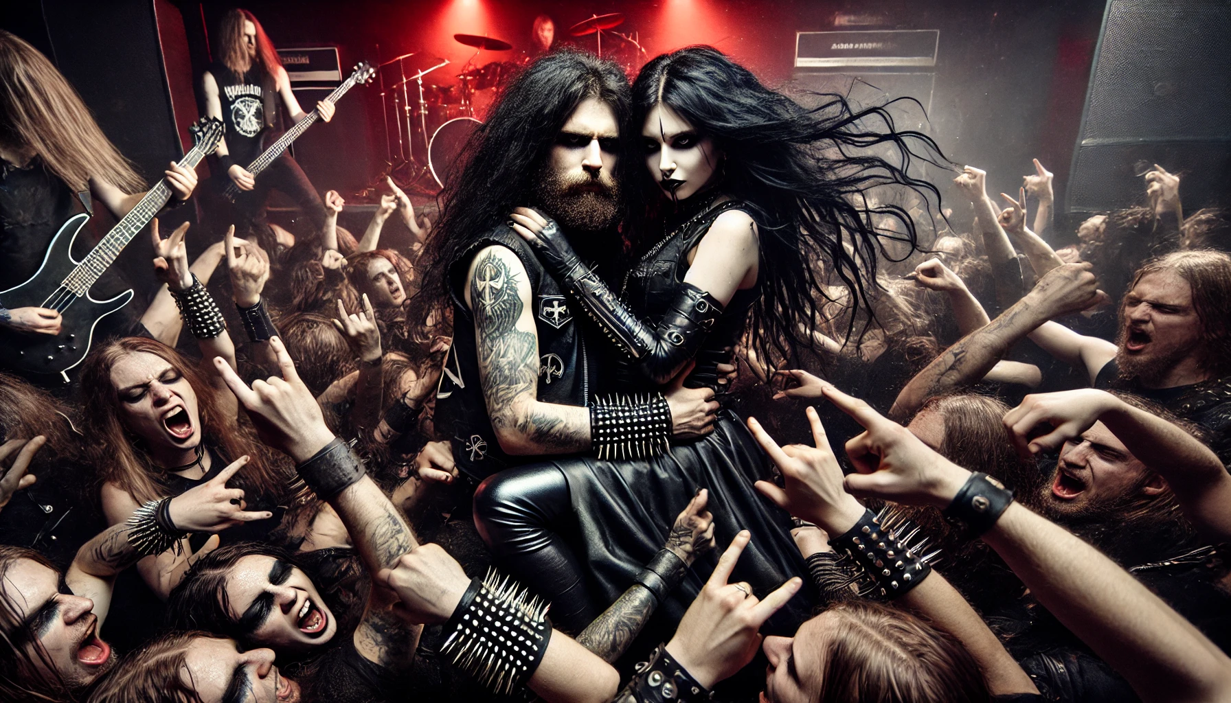 A chaotic black metal concert scene with a wild mosh pit in the foreground. A couple with long black hair, dressed in dark leather and spiked outfits, embraces amid the frenzy. Their hair flows wildly as they stand out amidst the aggressive crowd. The dark, red-lit stage adds to the intensity of the atmosphere.