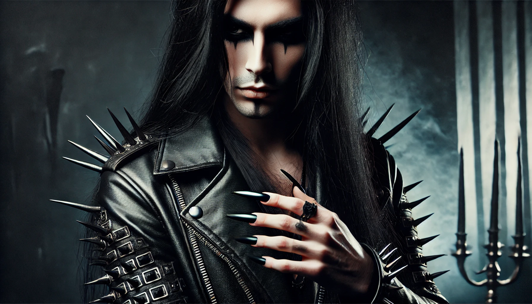 A dark and intense black metalhead man with long black hair and smokey eye makeup wears a spiked leather jacket. He stands confidently, capturing the essence of the Brutal Assault festival with an iconic look.