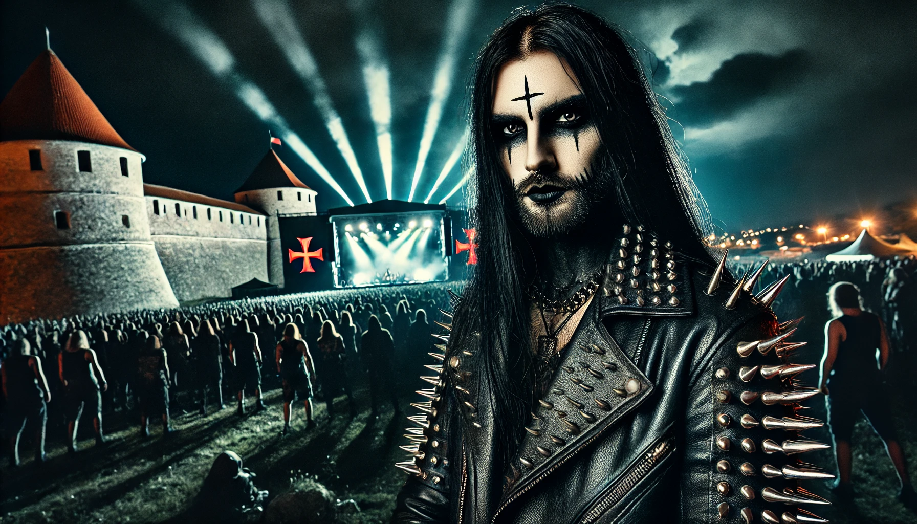 A menacing black metalhead with long black hair, wearing a spiked leather jacket, poses at the Brutal Assault festival. Behind him, the fortress of Josefov is lit dramatically, and the crowd is immersed in the festival's chaotic energy.