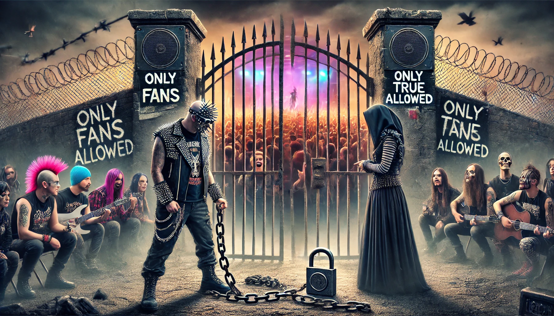 Metalhead and goth figure guarding a gate while a crowd waits outside, symbolizing exclusion in the metal and goth communities through gatekeeping.