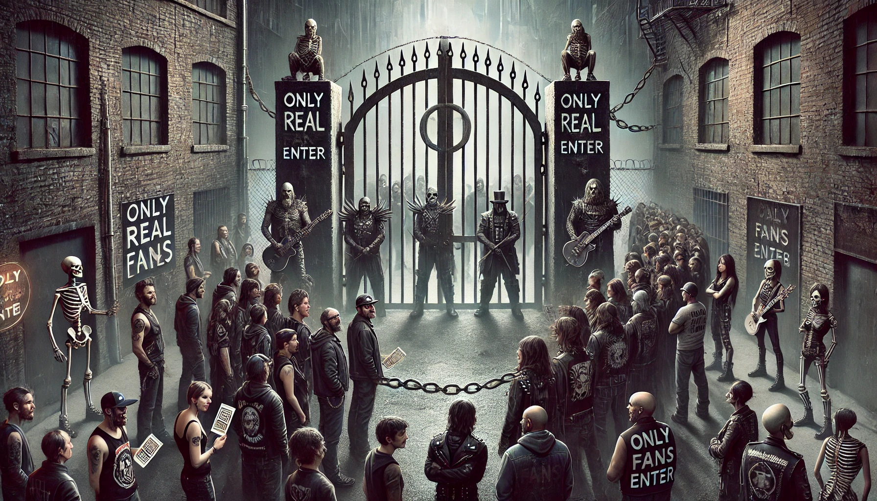 Crowd of goths and metalheads standing in front of a tall gate with "Only Real Fans Enter" signs, symbolizing gatekeeping in metal and goth communities.