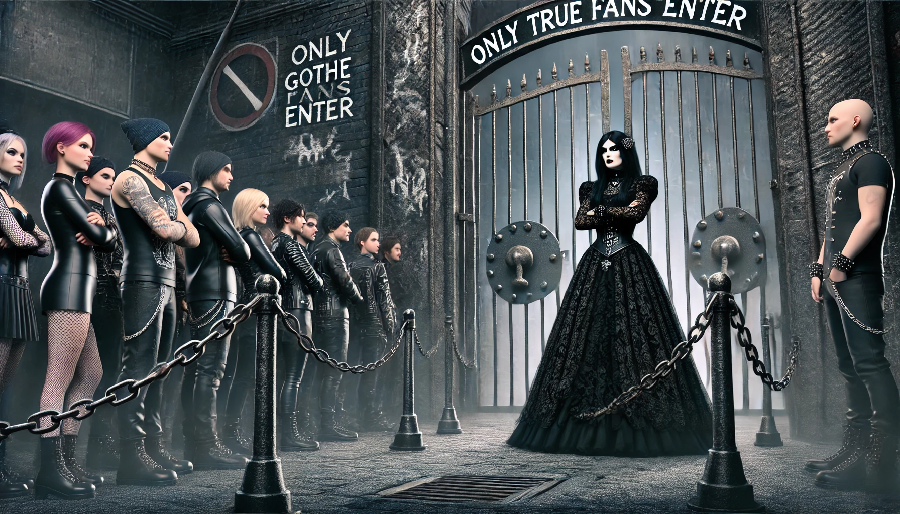 Gothic woman guarding a tall gate with "Only True Fans Enter" signs, representing gatekeeping in goth culture.