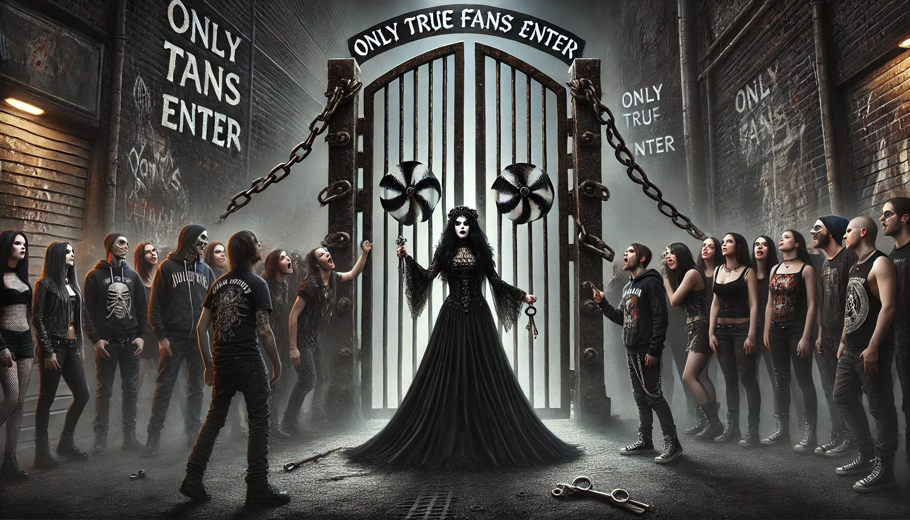 Gothic woman holding a lock in front of a gated alleyway with chains, symbolizing gatekeeping in goth and metal communities.