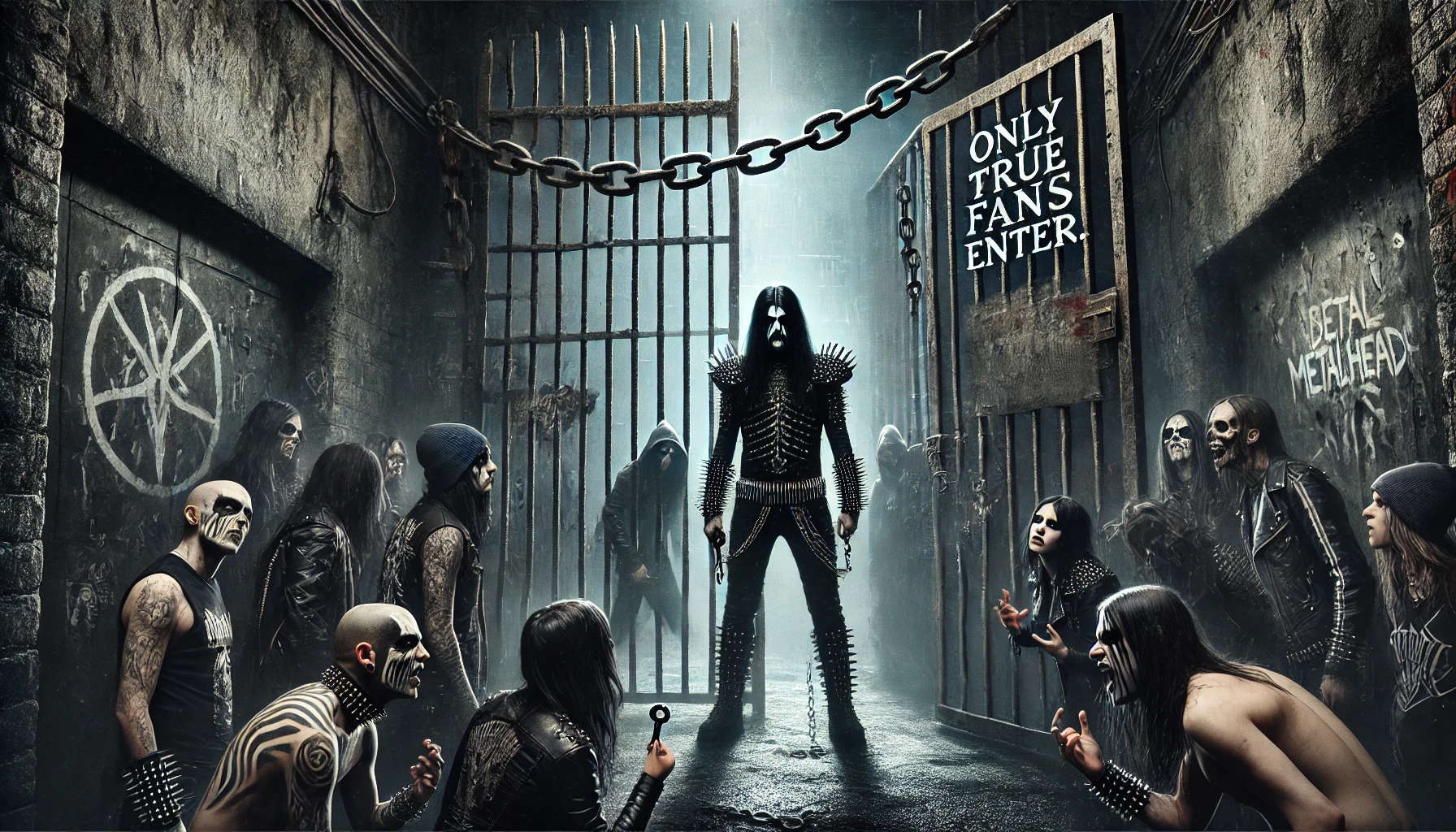 Black metalhead with corpse paint holding a chain in front of a locked gate with frustrated fans, representing gatekeeping in the metal community.