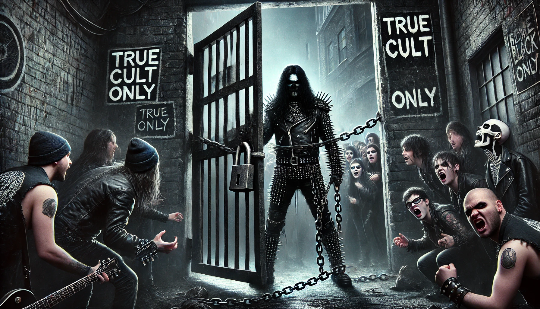 A black metalhead guarding a gated alleyway with frustrated goths and metalheads waiting outside, symbolizing exclusion and gatekeeping.