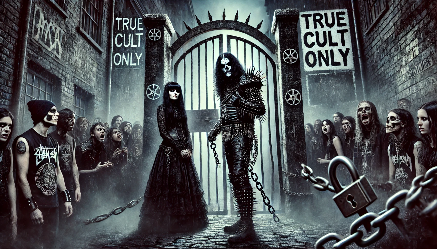 Black metalhead guarding a gate with "Only Real Fans Allowed" graffiti, while frustrated fans wait, symbolizing gatekeeping.