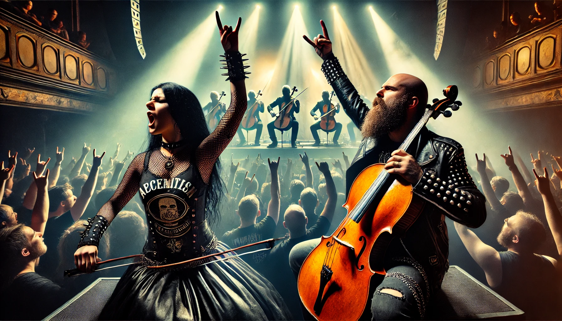 Vibrant scene of Apocalyptica performing at Amager Bio, with a metalhead man and woman in the foreground immersed in the concert, lit by dramatic stage lights.
