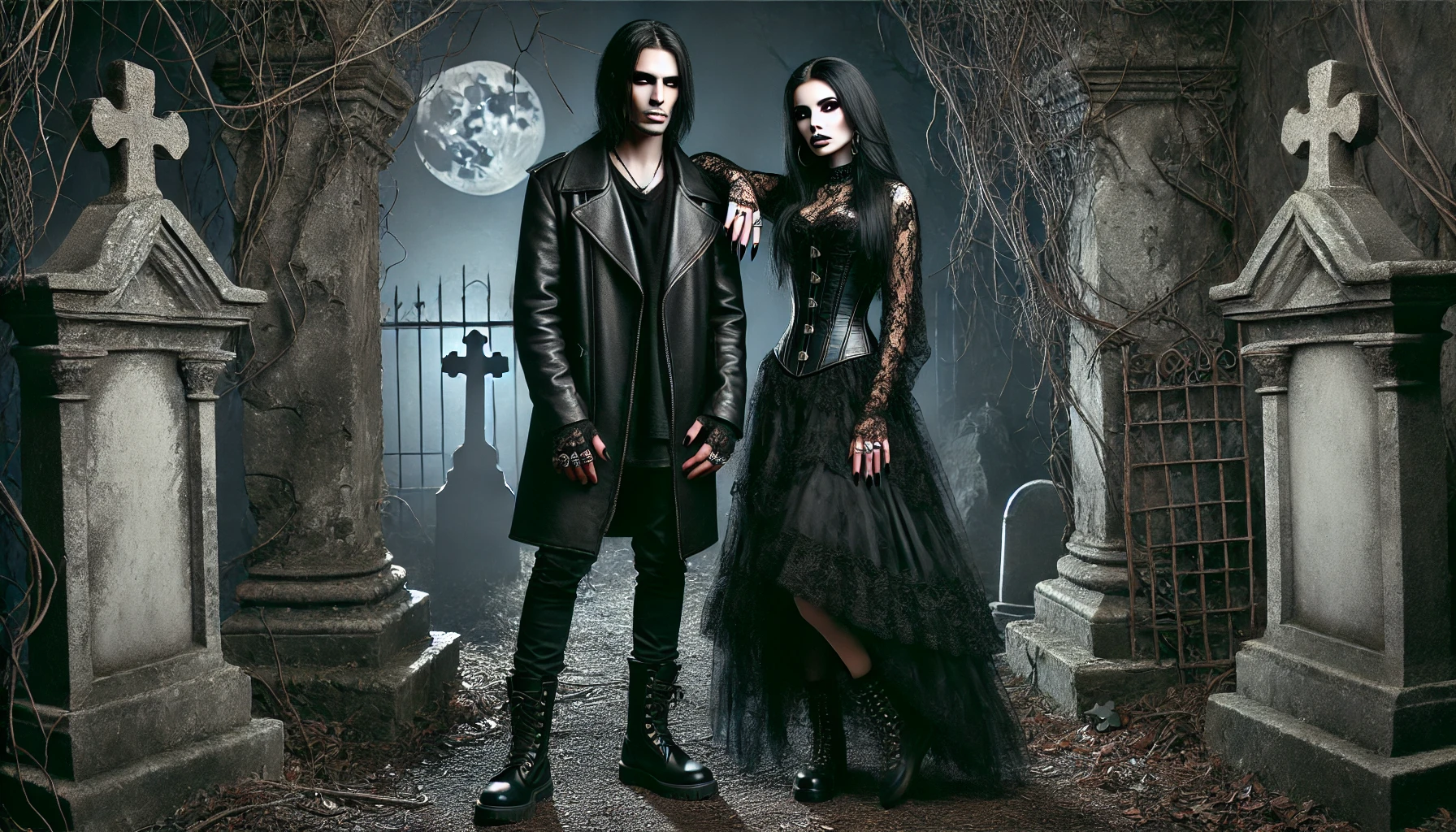 A gothic couple sitting side by side, their black clothing and somber demeanor an expression of the raw emotional depth of goth culture. With long black hair, dark makeup, and heavy boots, they are a hauntingly beautiful vision.