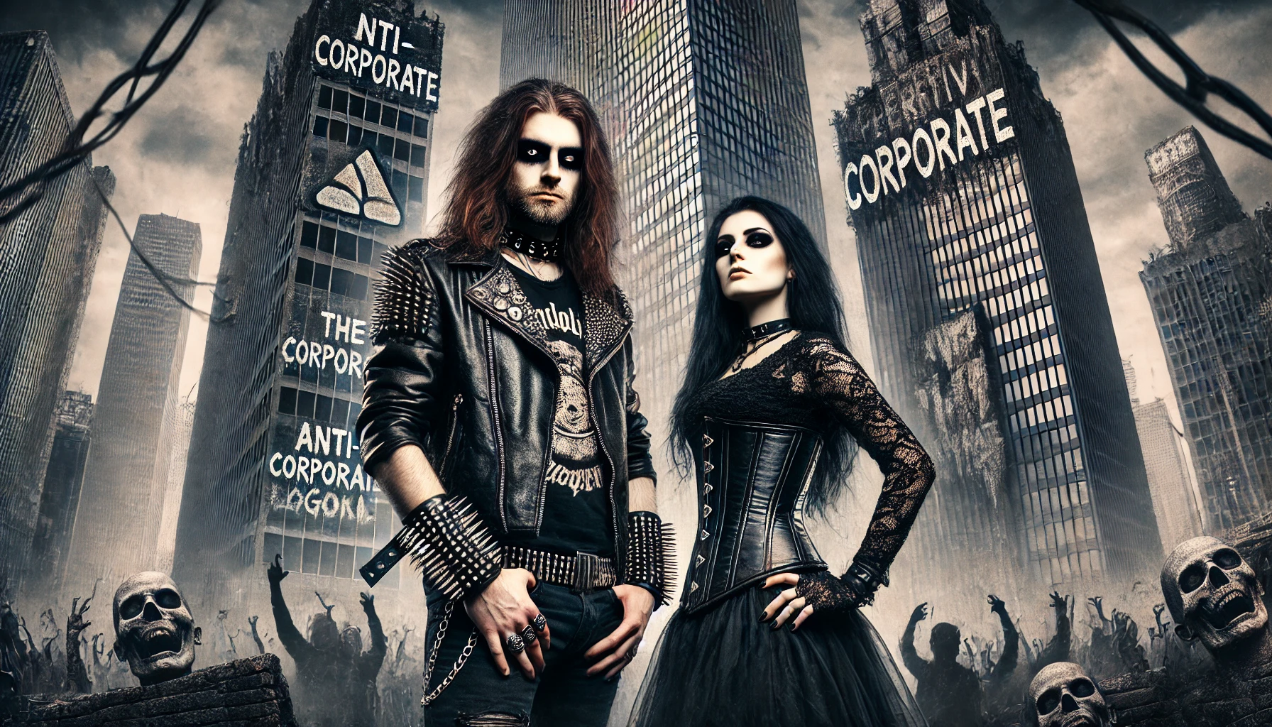 Anti-Corporate Activism Against Political Influence of Big Businesses: The Underground Resistance: A powerful and rebellious scene showing a metalhead man in a leather jacket and a gothic woman in a corset, standing in front of decaying corporate buildings with anti-corporate slogans. The gritty atmosphere emphasizes defiance and rebellion against corporate greed.