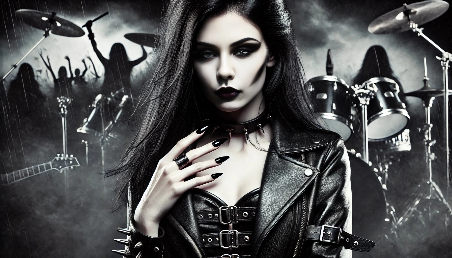 Black metalhead woman with long black hair, smokey eye makeup, and long black nails, wearing a leather corset and jacket, with a concert-like backdrop.