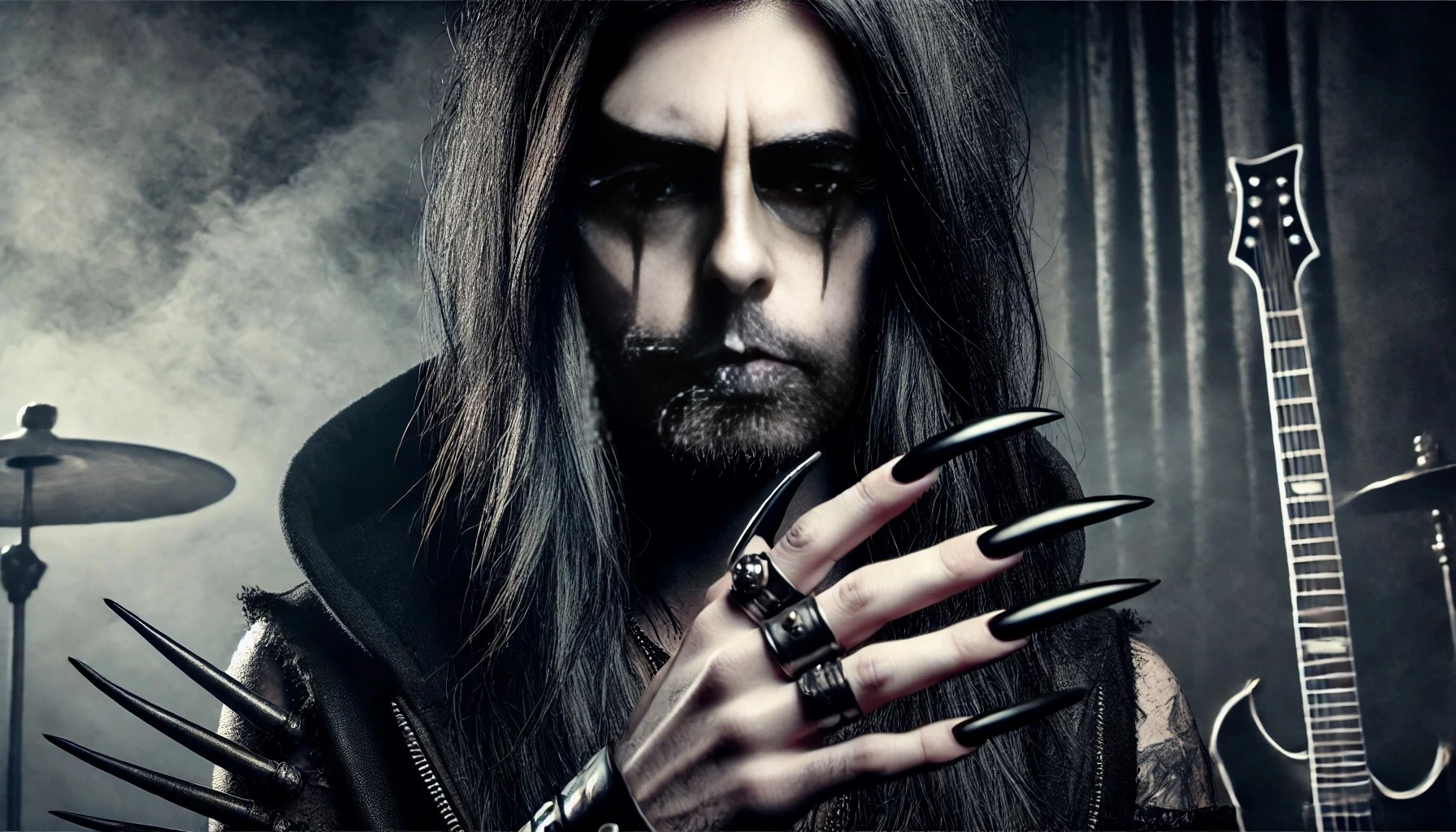Black metalhead man with long black hair, smokey eye makeup, and long black nails, posing in front of a dark, smoky backdrop with musical instruments.
