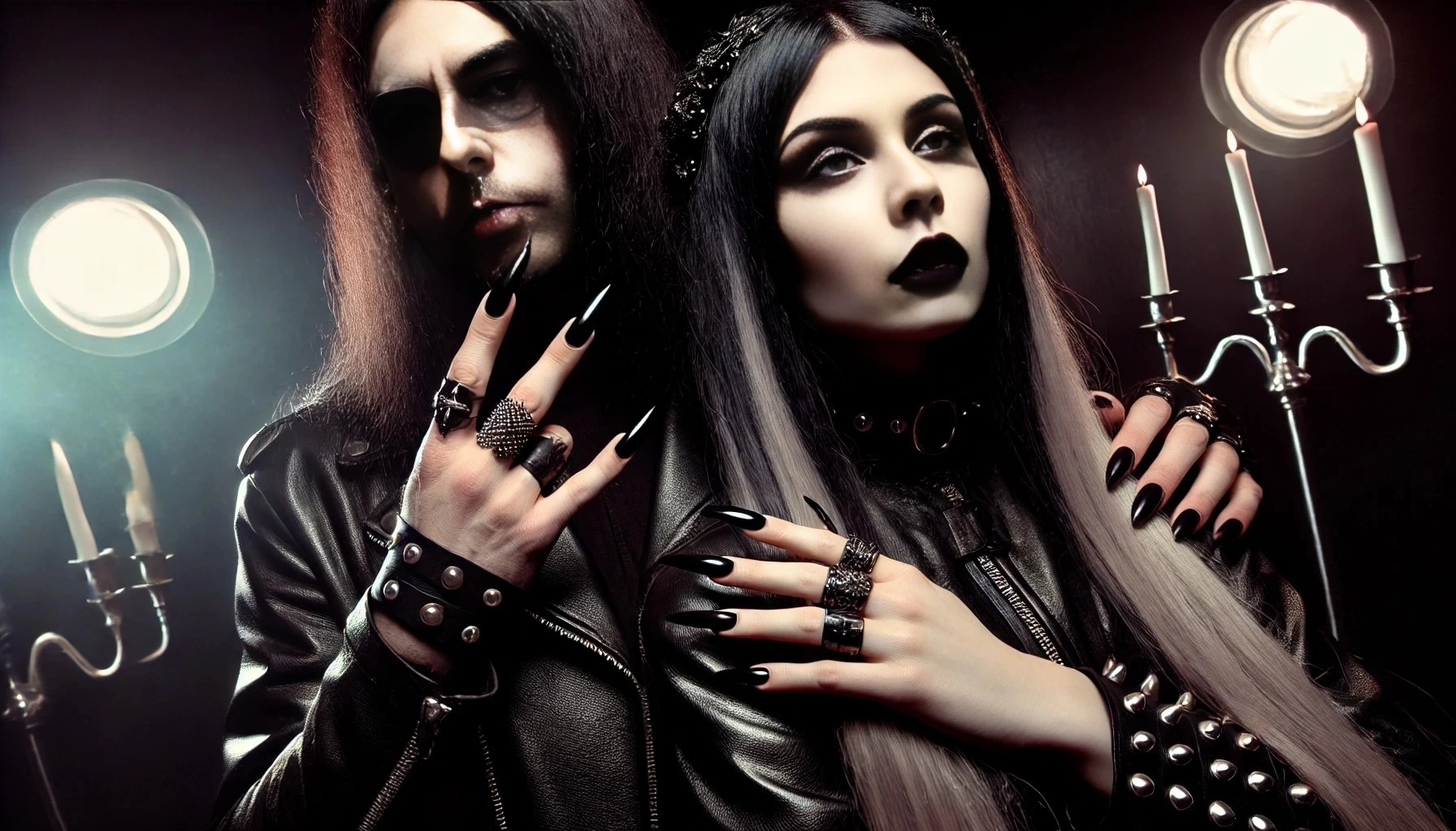 Metalhead couple dressed in black leather with smokey eye makeup and long black nails, posing together in a dark setting. Best heavy metal ballads.