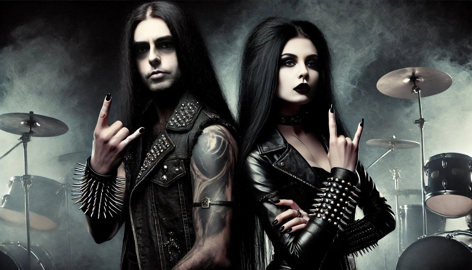 Black metalhead man and woman, both with long black hair, smokey eye makeup, and wearing all leather, posing together with a drum set in the background.