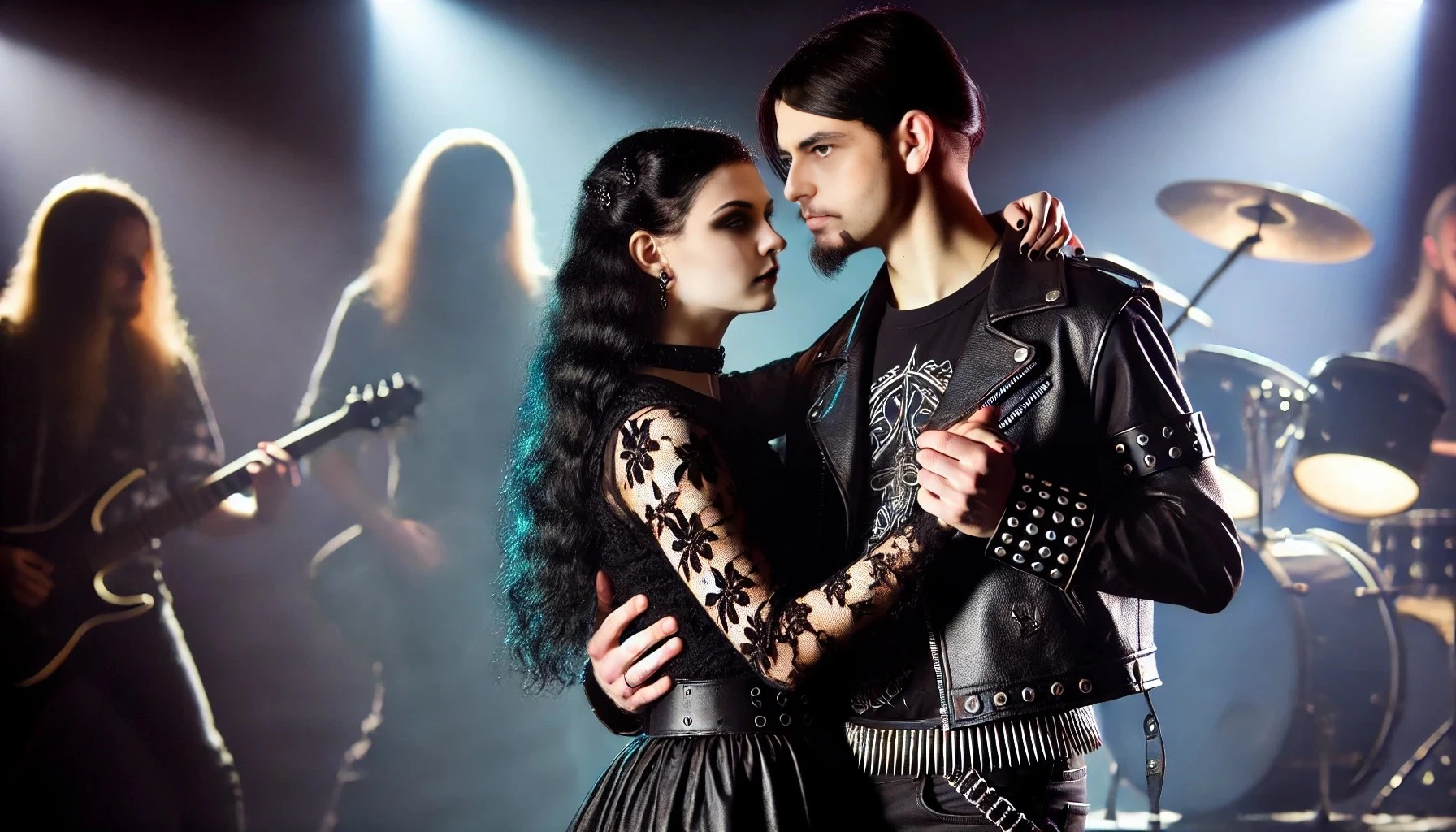 Metalhead couple with long black hair and smokey eye makeup, dancing together to a metal ballad on stage. best metal ballad.