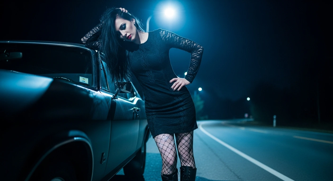 Woman in black lace dress leaning on a car under streetlights at night, fishnet stockings glowing in cold blue light.