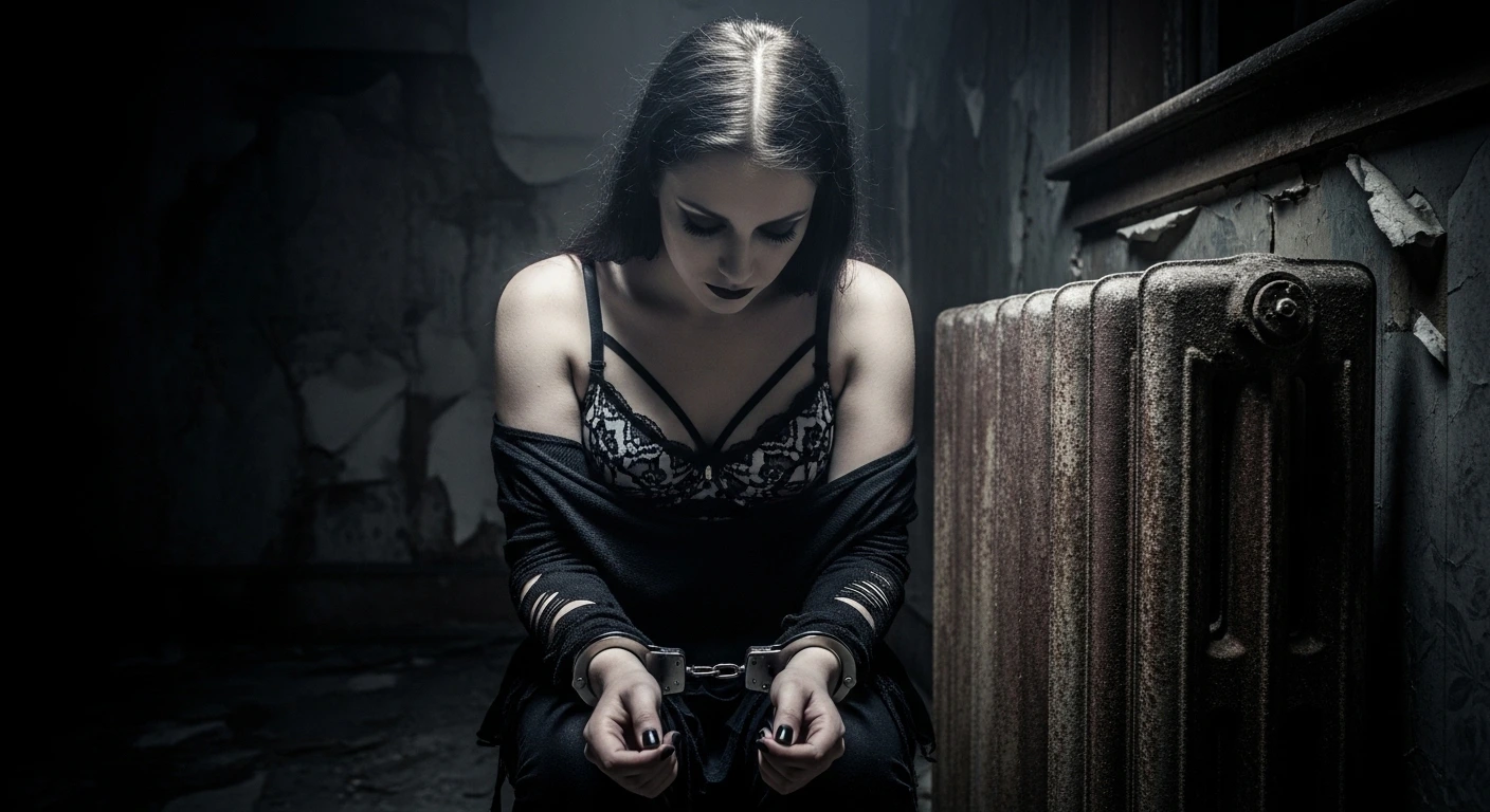 Gothic woman in lace bra and black clothing handcuffed to a rusty radiator in a decayed, dimly lit room.