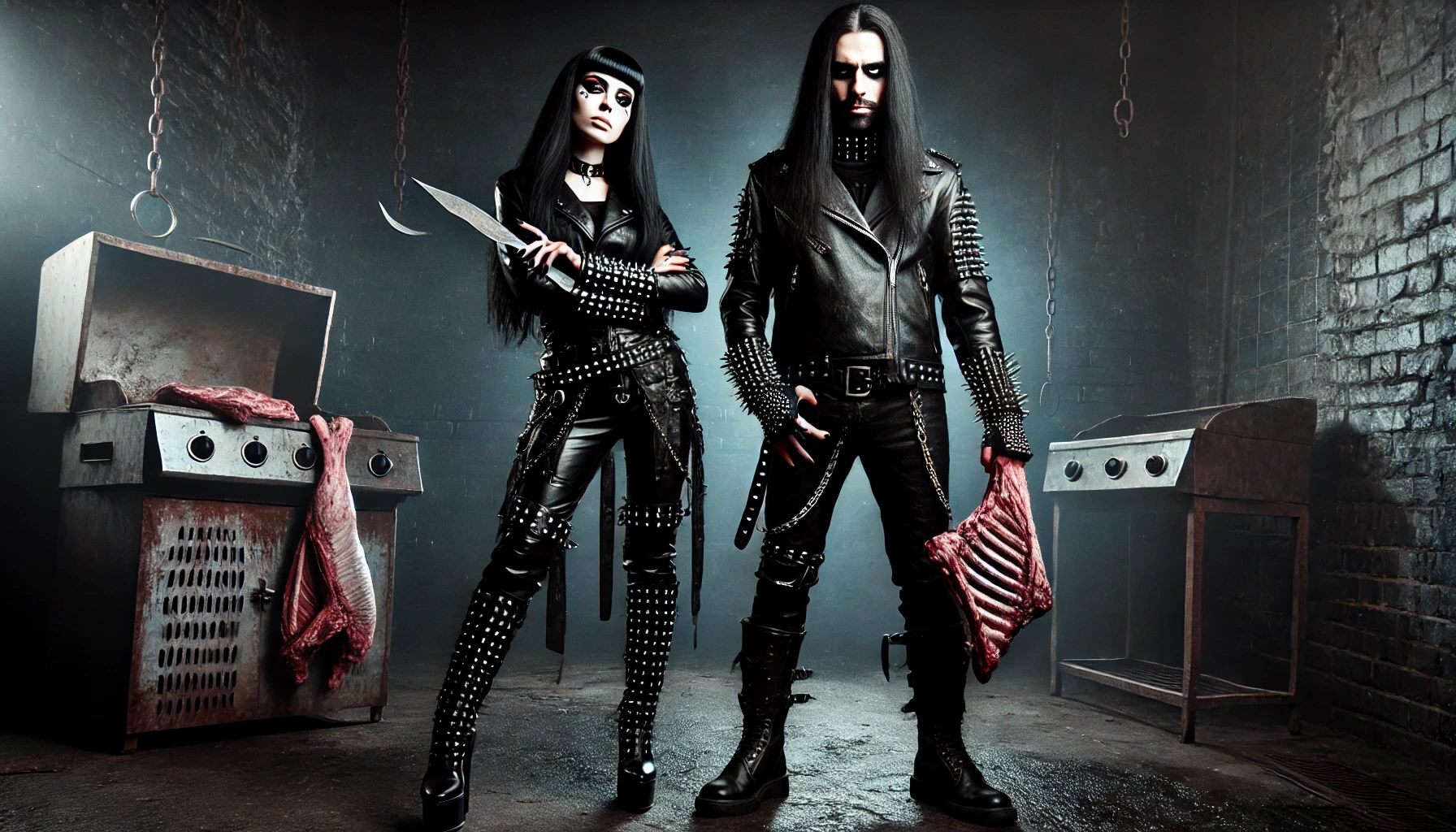 Full-body shot of a black metalhead man and woman dressed in leather, both with long black hair, standing in a gritty industrial environment holding raw meat.