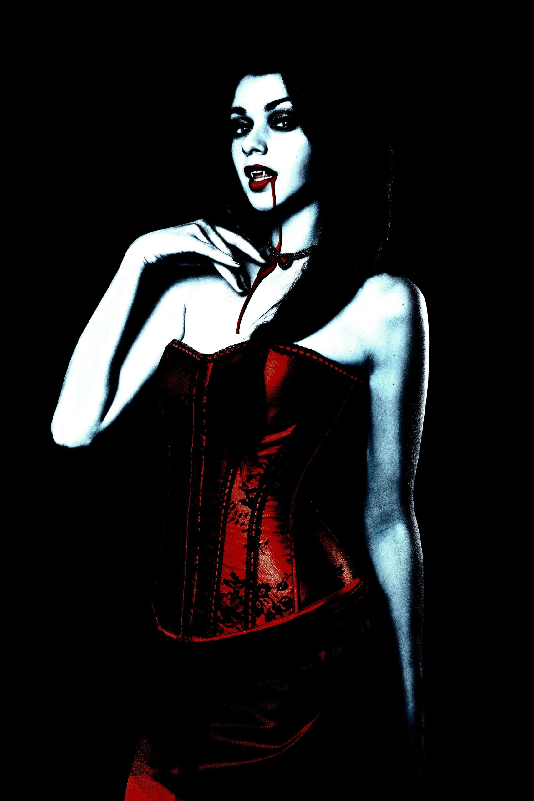 A vampire woman in a red corset with blood dripping from her lips, casting a seductive yet dangerous expression in a dark setting.