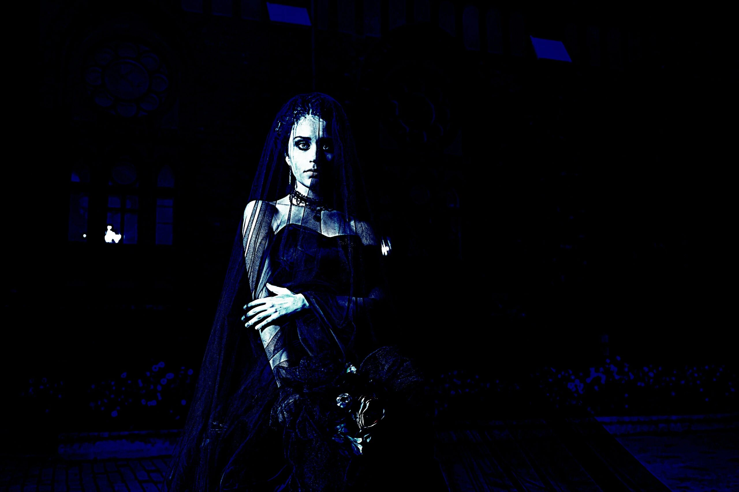 A gothic woman dressed in a dark veil and flowing Victorian-style dress, standing solemnly in front of a shadowy, gothic building.