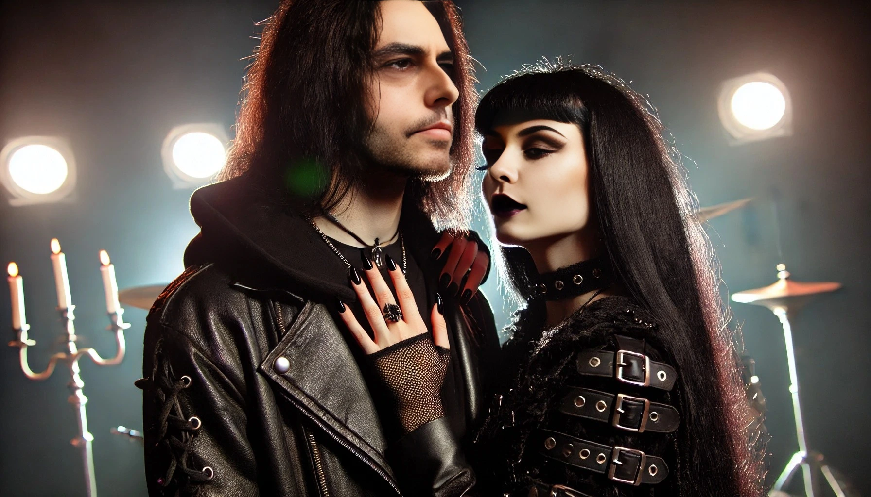 Metalhead couple with long black hair, dressed in black leather, posing together on stage with intense expressions. best metal ballads ever.