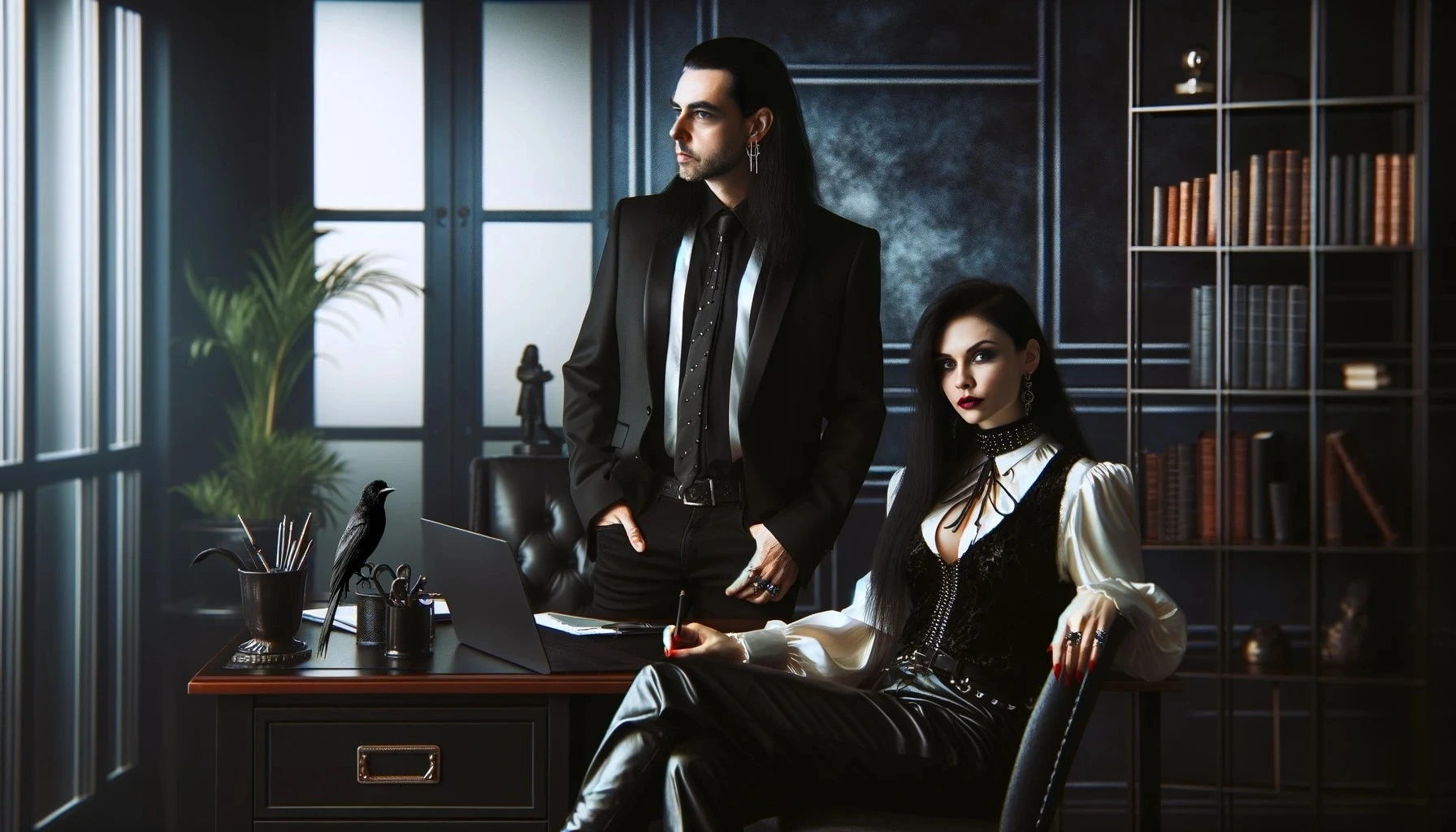 Elena Parker seated at a desk in a luxurious office, looking at Adrian Blackwood who stands beside her, both dressed in elegant, gothic-inspired black outfits, representing their powerful and intense relationship.