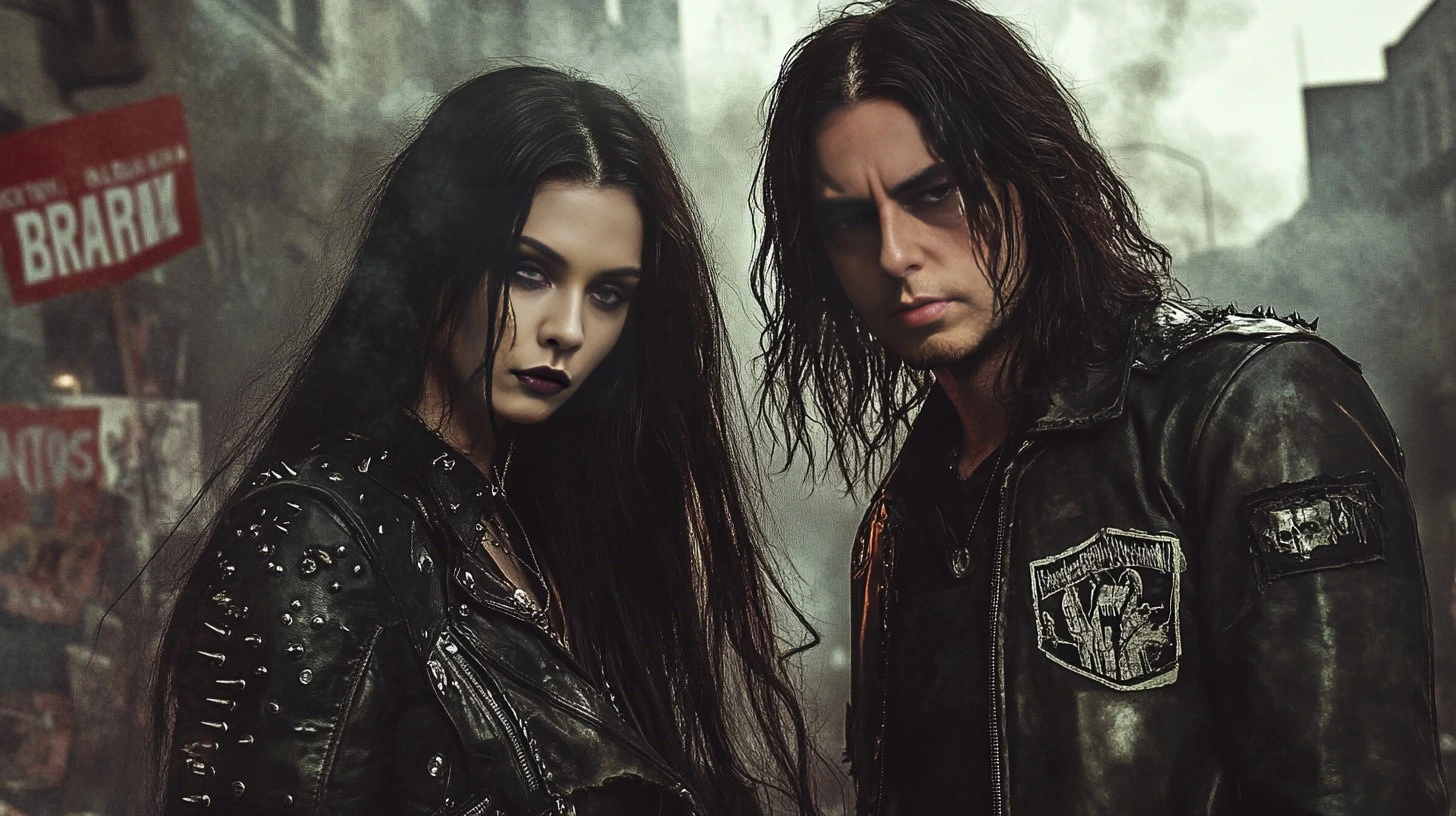 A gothic metalhead rebellious woman and a black metalhead man standing together in a smoky urban setting with graffiti, exuding defiance and individuality with their fierce expressions and leather outfits adorned with spikes.