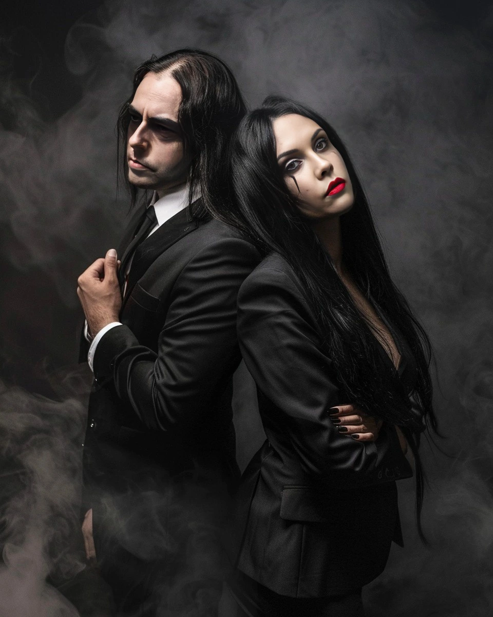 Adrian Blackwood and Elena Parker standing back to back in a smoky, gothic setting, emphasizing the tension and attraction in their boss and secretary romance.