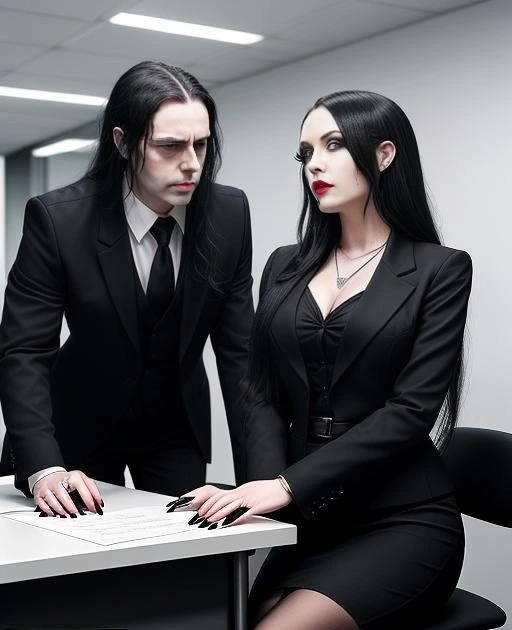 Adrian Blackwood and Elena Parker standing in an office, both in formal black attire, highlighting the deep connection in their boss and secretary romance. 