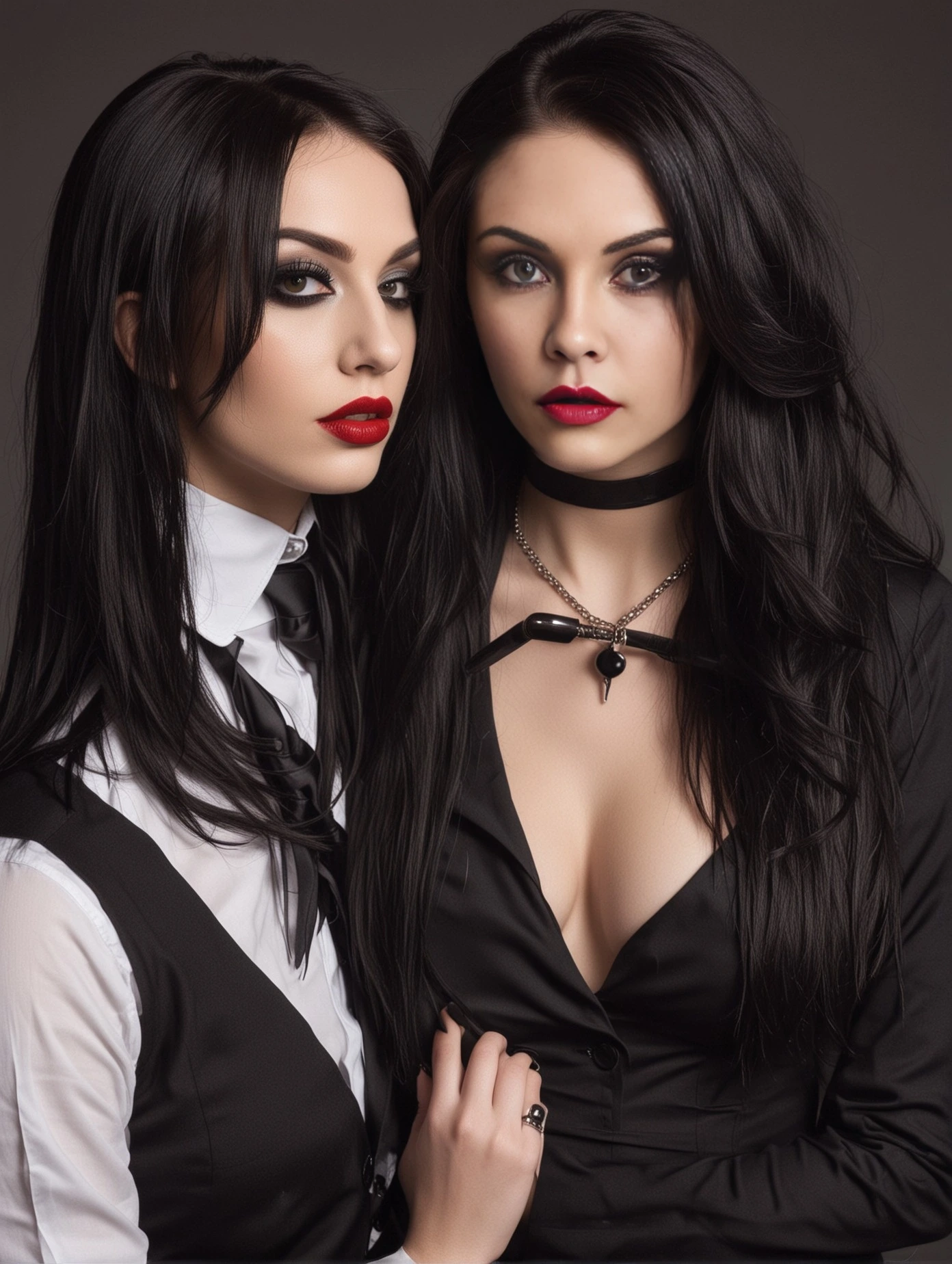 Elena Parker and another gothic woman standing together in formal black outfits, showcasing their strong and confident presence.