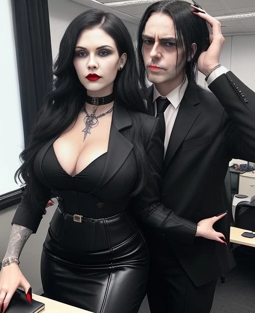 Adrian Blackwood and Elena Parker in a close, intimate pose in an office, both dressed in formal black, showcasing their strong and intense boss and secretary relationship.