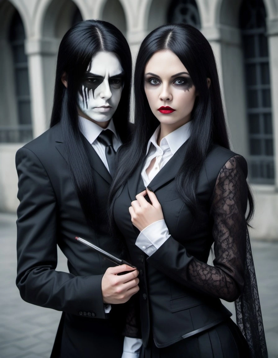 Elena Parker and Adrian Blackwood standing together in a gothic setting, with Adrian's face painted in a haunting style, showcasing their deep and enigmatic bond.