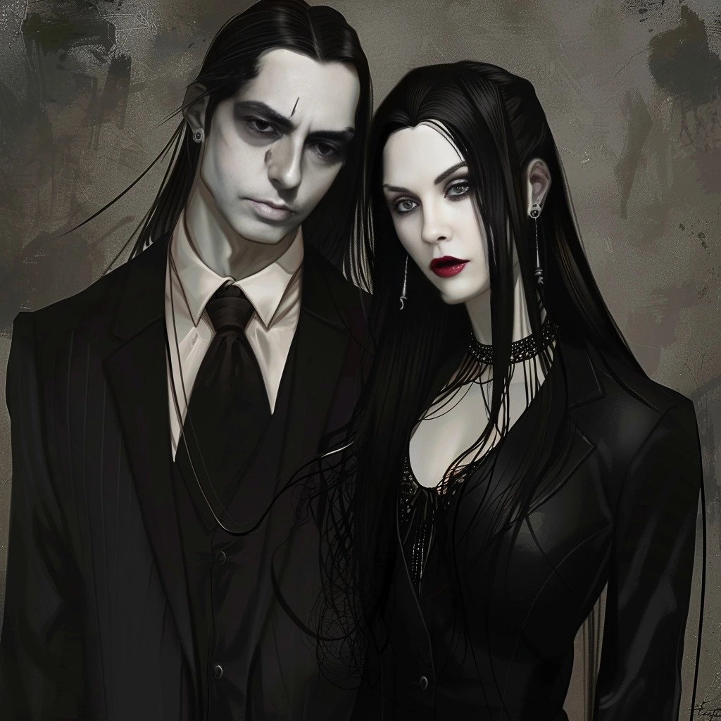 Adrian Blackwood and Elena Parker illustrated in a gothic style, both in black suits, showcasing their captivating boss and secretary dynamic.