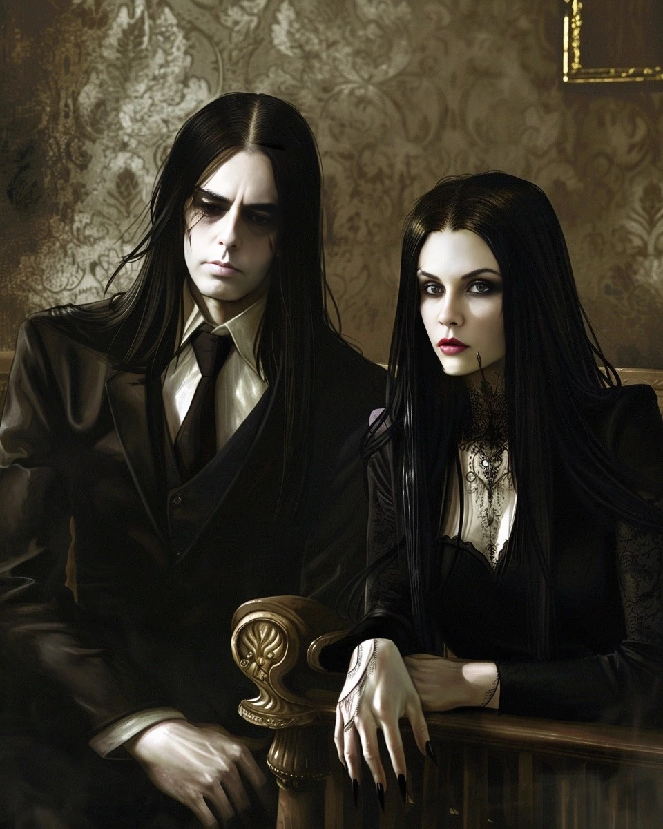 Adrian Blackwood and Elena Parker sitting close together in a dark, ornate room, both dressed in gothic-inspired black outfits, representing their intense boss and secretary relationship.