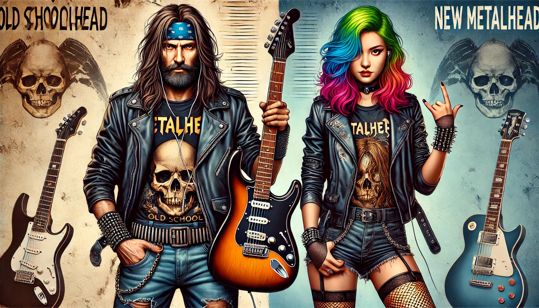 Old school metalhead man with a bandana and long hair, wearing a leather jacket and holding a guitar, next to a new metalhead woman with brightly colored hair and a polished look. The background shows a gritty setting on the left and a more modern, clean environment on the right.