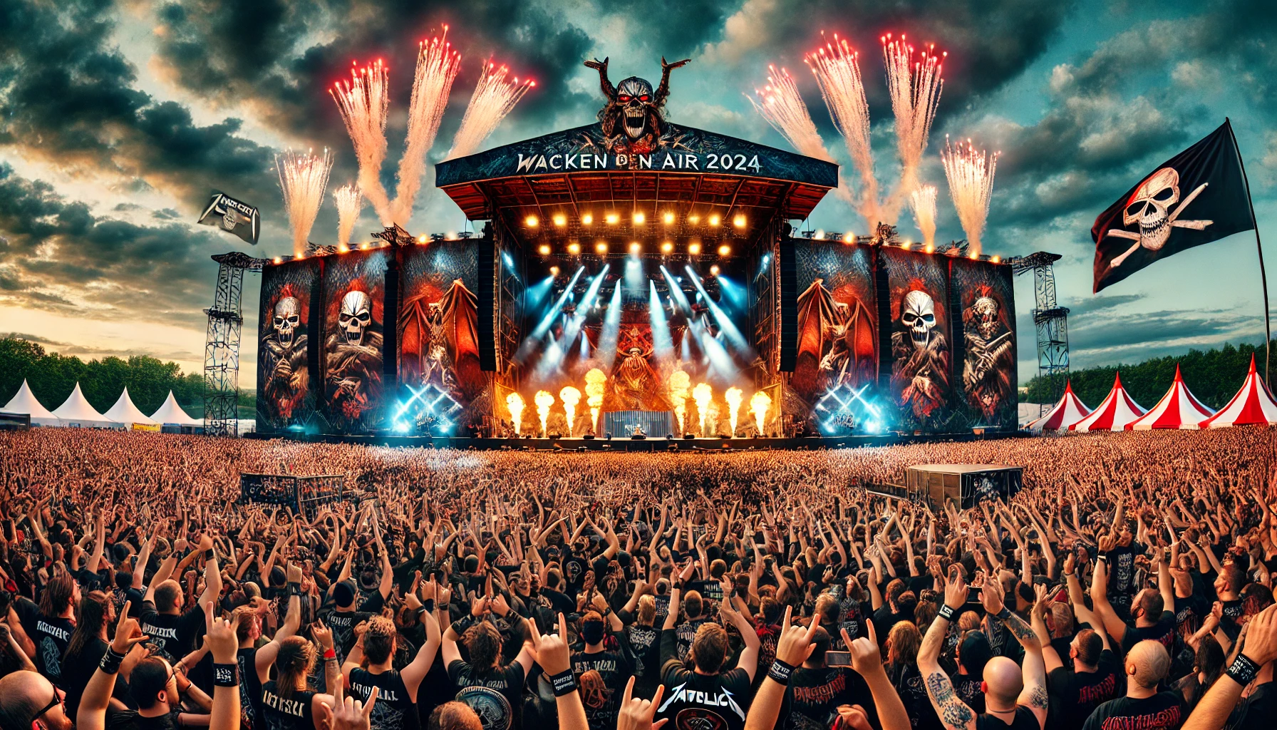 A vibrant and dynamic scene of Wacken Open Air 2024 festival with a massive crowd of metalheads dressed in black, headbanging and cheering in front of a grand stage with elaborate lighting and pyrotechnics. The sky is dark, filled with fireworks and laser lights, capturing the raw energy and unity of the metal community. 