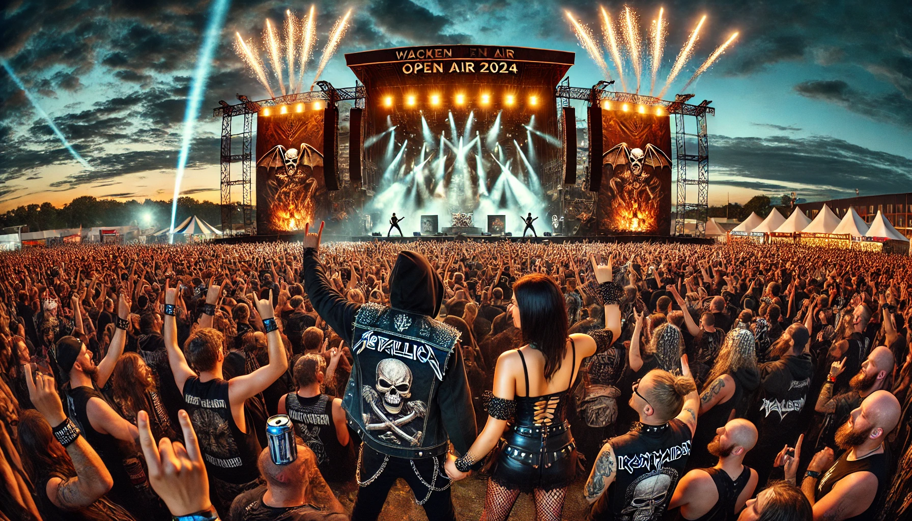 A vibrant and dynamic scene of Wacken Open Air 2024 festival with a massive crowd of metalheads dressed in black, headbanging and cheering in front of a grand stage with elaborate lighting and pyrotechnics. The sky is dark, filled with fireworks and laser lights, capturing the raw energy and unity of the metal community.