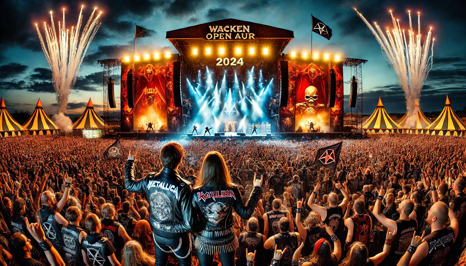 A close-up scene of a man and woman at Wacken Open Air 2024, both dressed in metal attire with their faces visible, headbanging and enjoying the concert together. In the background, a massive crowd of metalheads dressed in black cheers in front of a grand stage with elaborate lighting and pyrotechnics. The sky is dark, filled with fireworks and laser lights.