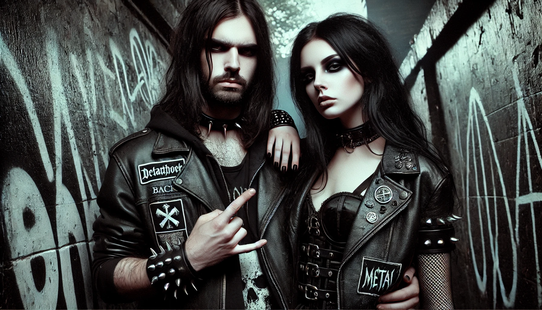 A man with a stern expression, long black hair, and a leather jacket adorned with spikes and band patches, standing beside a woman with dark makeup and a spiked leather jacket, set against a shadowy, graffiti-covered alleyway.
