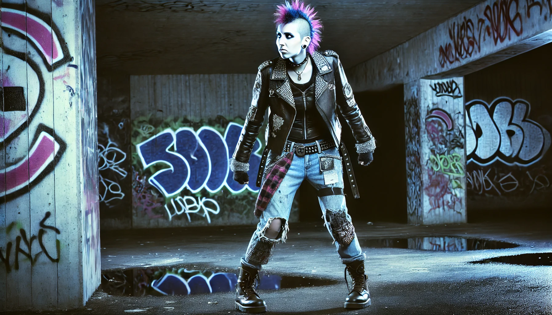A punk woman standing boldly in an underpass with graffiti on the walls, wearing a studded leather jacket, patched jeans, and combat boots, her colorful mohawk standing out.