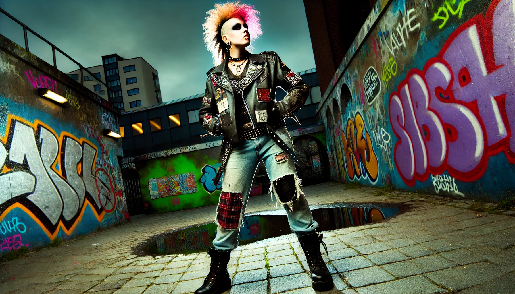 A rebellious punk woman standing confidently in an urban environment, with graffiti-covered walls, showcasing her bold and defiant attitude.