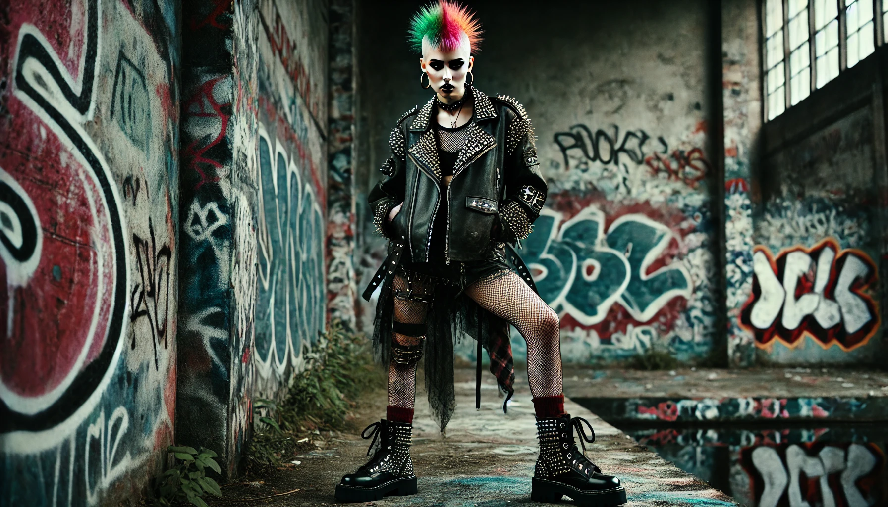 A rebellious punk woman standing with attitude in an urban setting, surrounded by graffiti-covered walls, wearing a studded leather jacket and fishnet stockings.