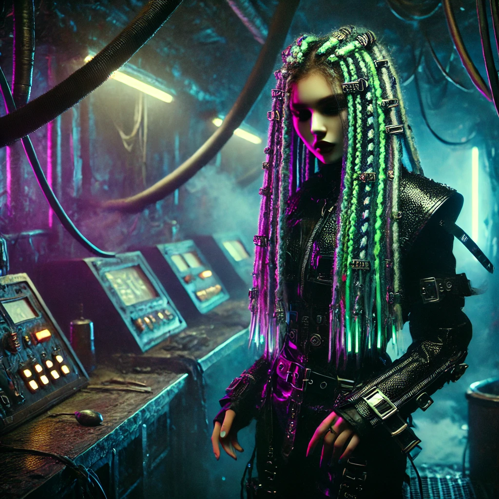 A futuristic cybergoth woman with long neon green and purple cyberlocks, standing in a dark, industrial setting with glowing machinery and dim lights, capturing an edgy and rebellious atmosphere.
