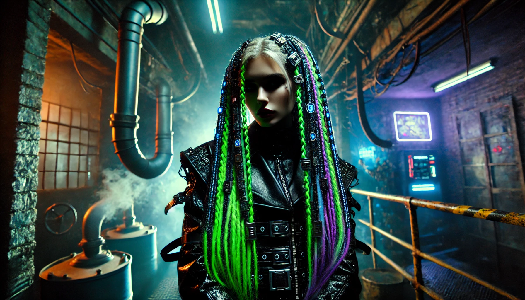 A cybergoth woman with neon green and purple cyberlocks in a gritty industrial environment, surrounded by pipes, steam, and neon lights, wearing a black leather outfit adorned with metallic accents, embodying a fierce and intense vibe.