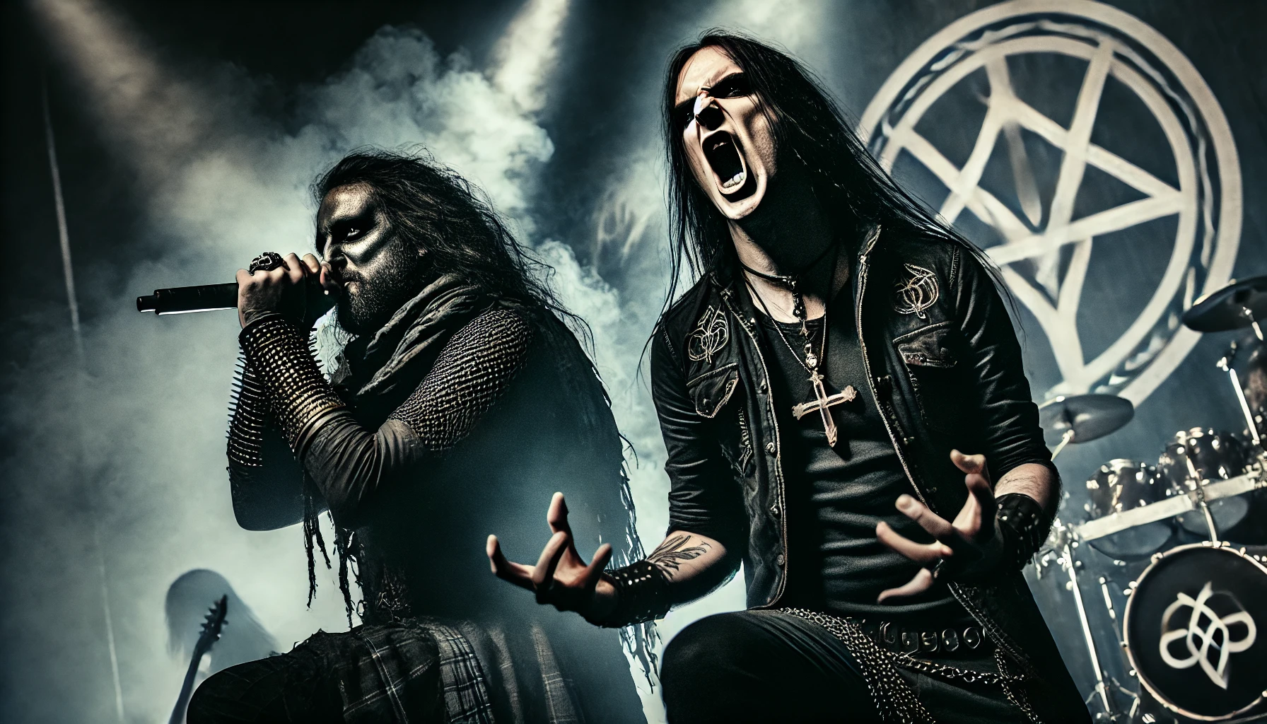 Two intense metal vocalists on stage, one in dark Celtic attire and the other with gothic symphonic style, performing passionately under dramatic lighting.
