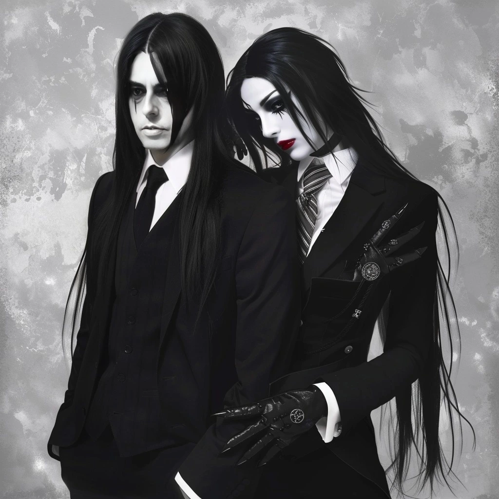 Adrian Blackwood and Elena Parker, with Adrian in a black suit and Elena in a gothic outfit, illustrating the allure and complexity of their boss and secretary romance.