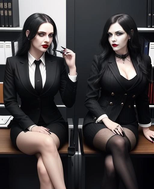 Elena Parker holding a pen, dressed in a sharp black suit, looking confidently at the camera