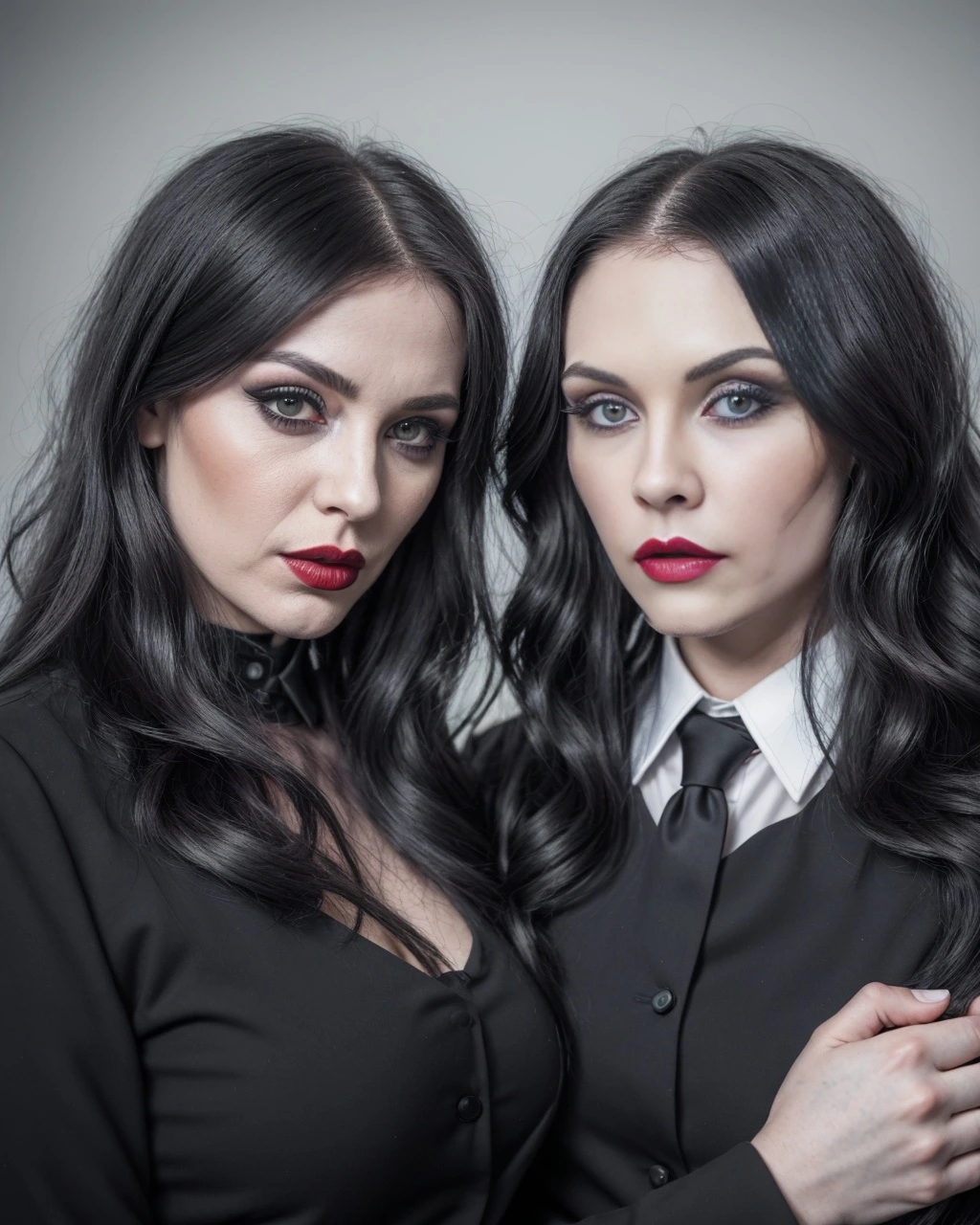 lena Parker and another woman standing closely, both in black suits, representing a gothic and professional look.